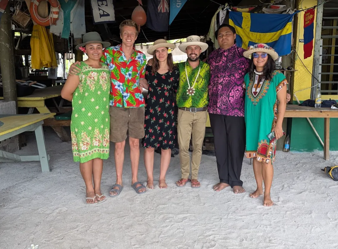 Sunday-best portrait of Julianna Marsters, Jacob Eggert, Victoria Hardy, Anders Bischoff, Sid Marsters and Ariuka Ganbaatar at Palmerston church