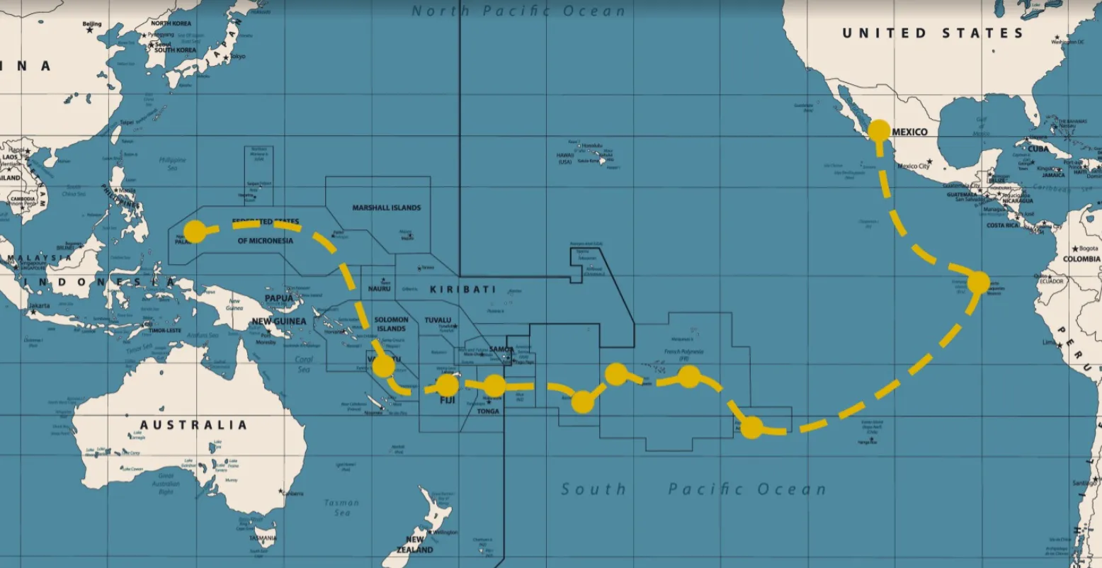 Map of NEPTUN's Pacific voyage from Mazatlan, Mexico to Koror, Palau
