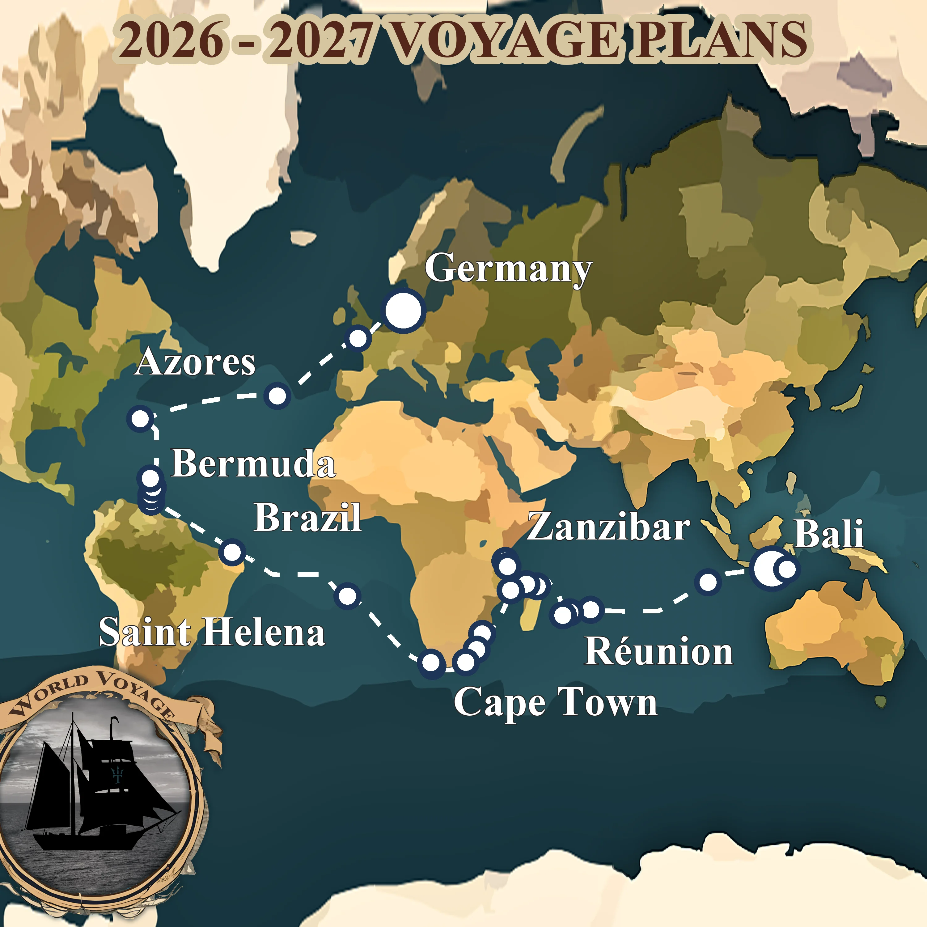 Full 482-day Brigantine NEPTUN voyage route from Bali to Kiel