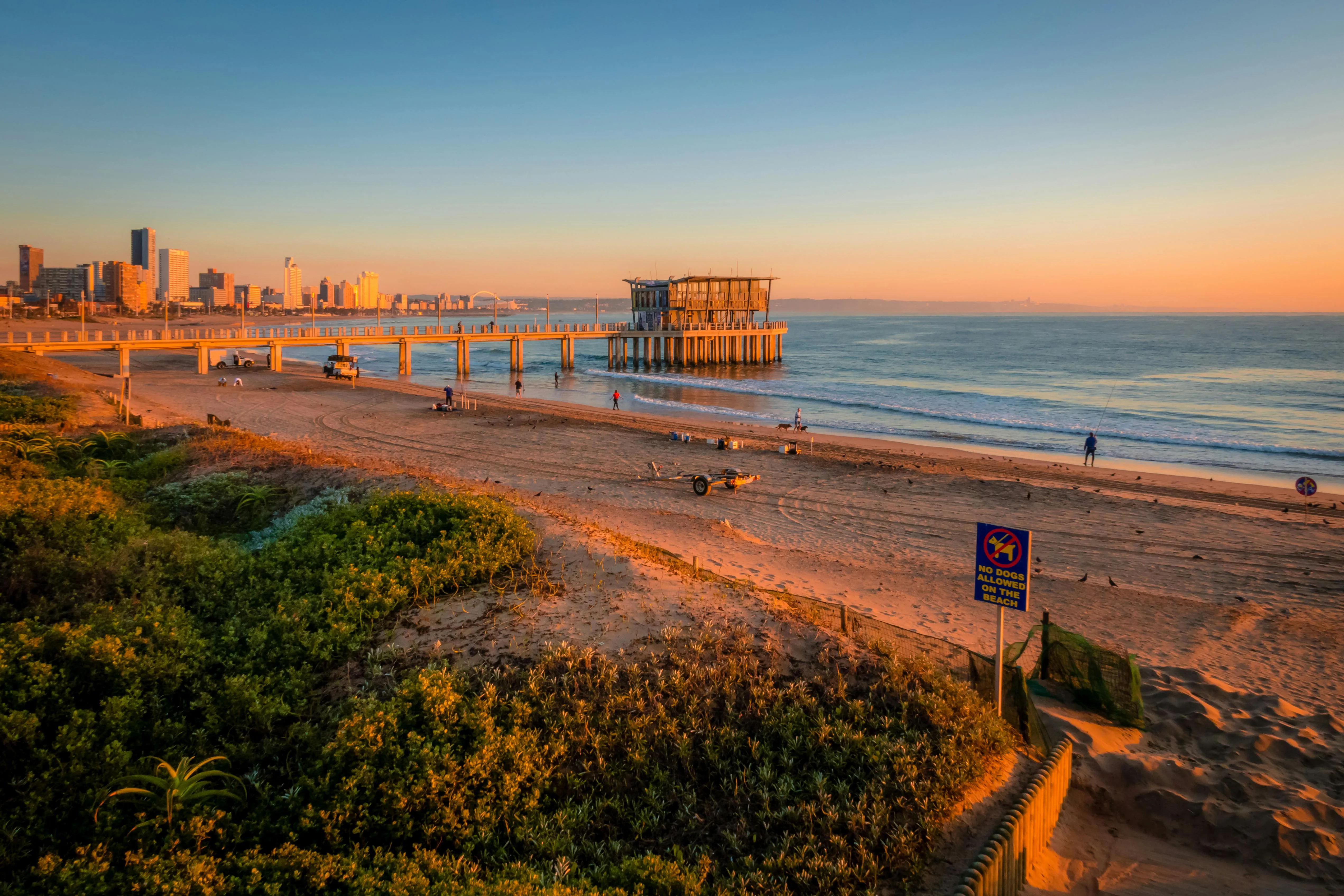 Durban beachfront at sunrise, the last warm-water port before the Agulhas and the Cape.