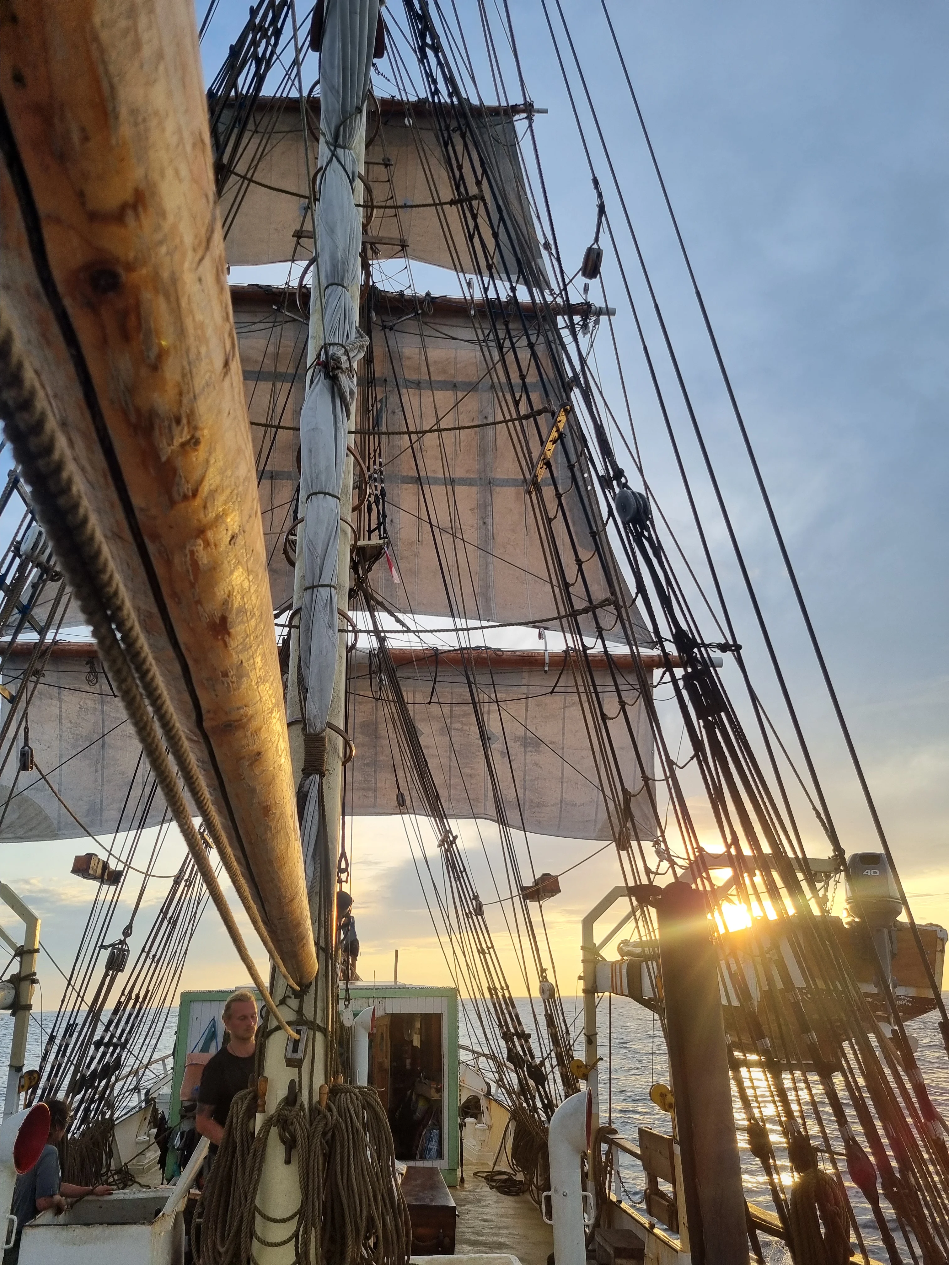Looking up at the rig and square sails of Brigantine NEPTUN under way