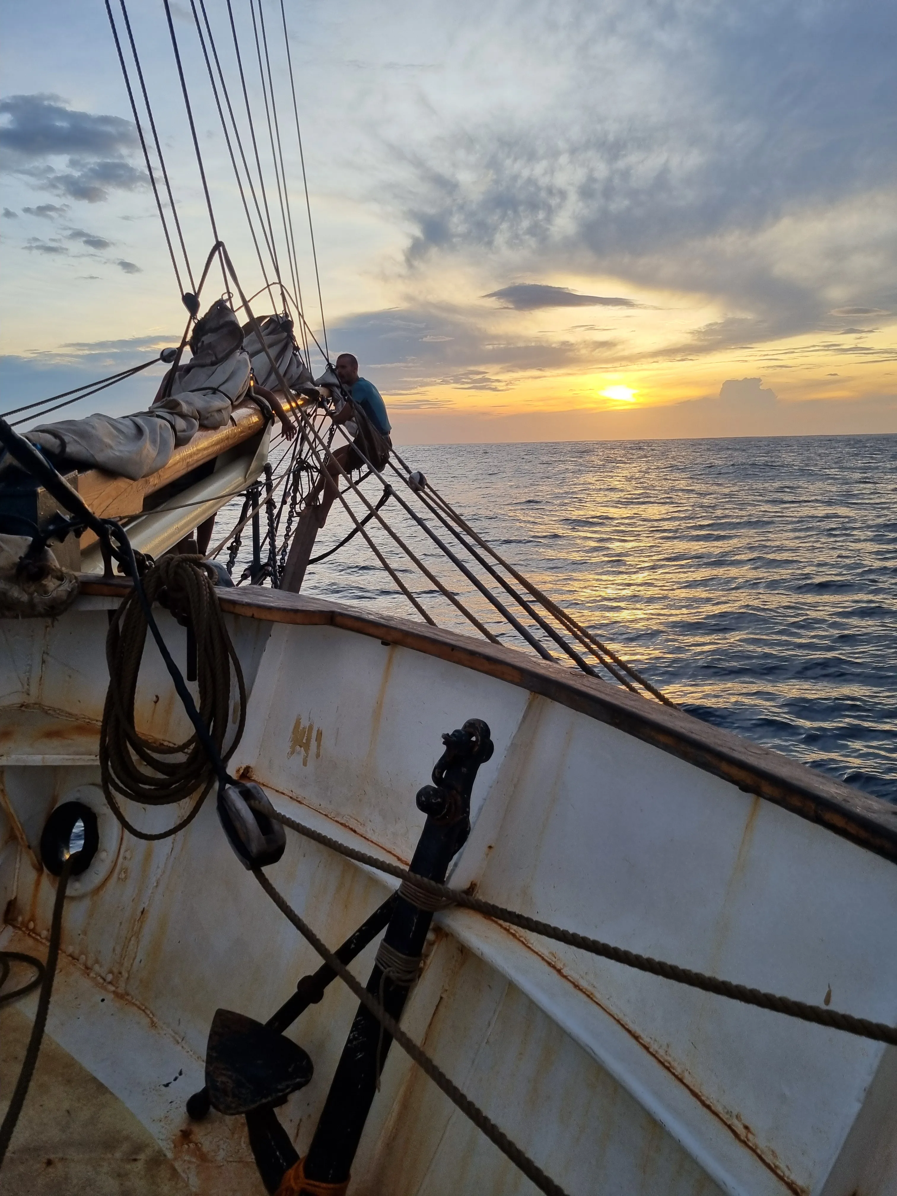 Brigantine NEPTUN deck at sunset, 2026.