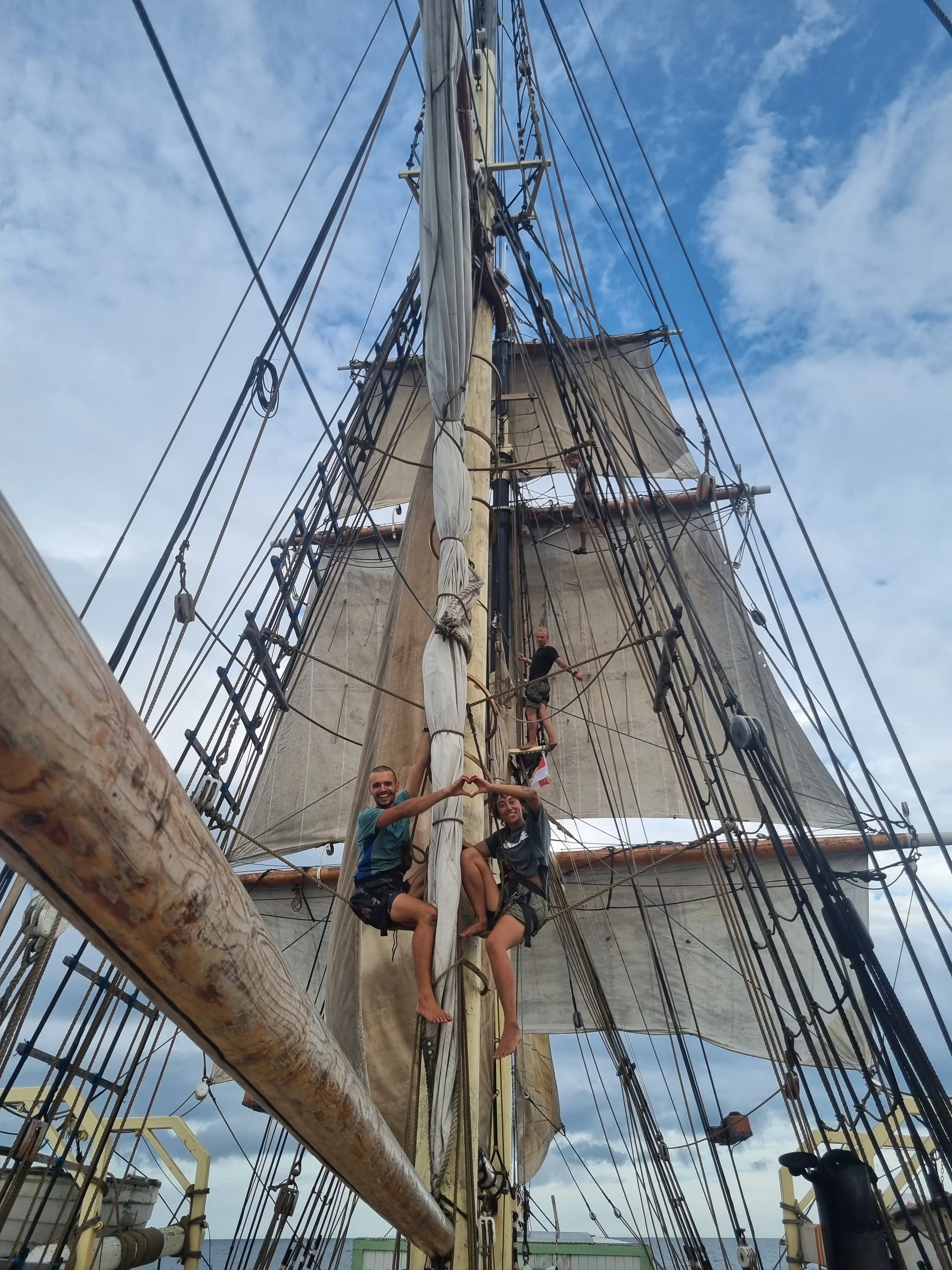 Crew working aloft on the yards of Brigantine NEPTUN